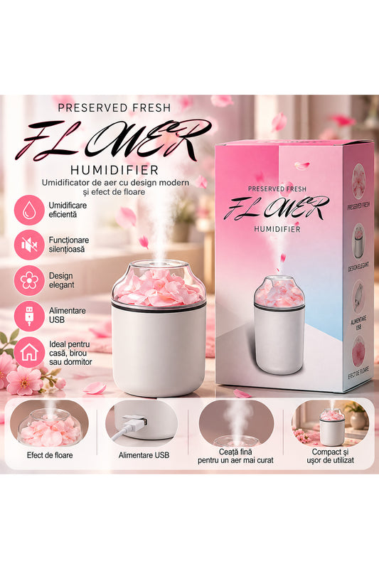 Umidificator de aer Flower, USB, design floral, alb