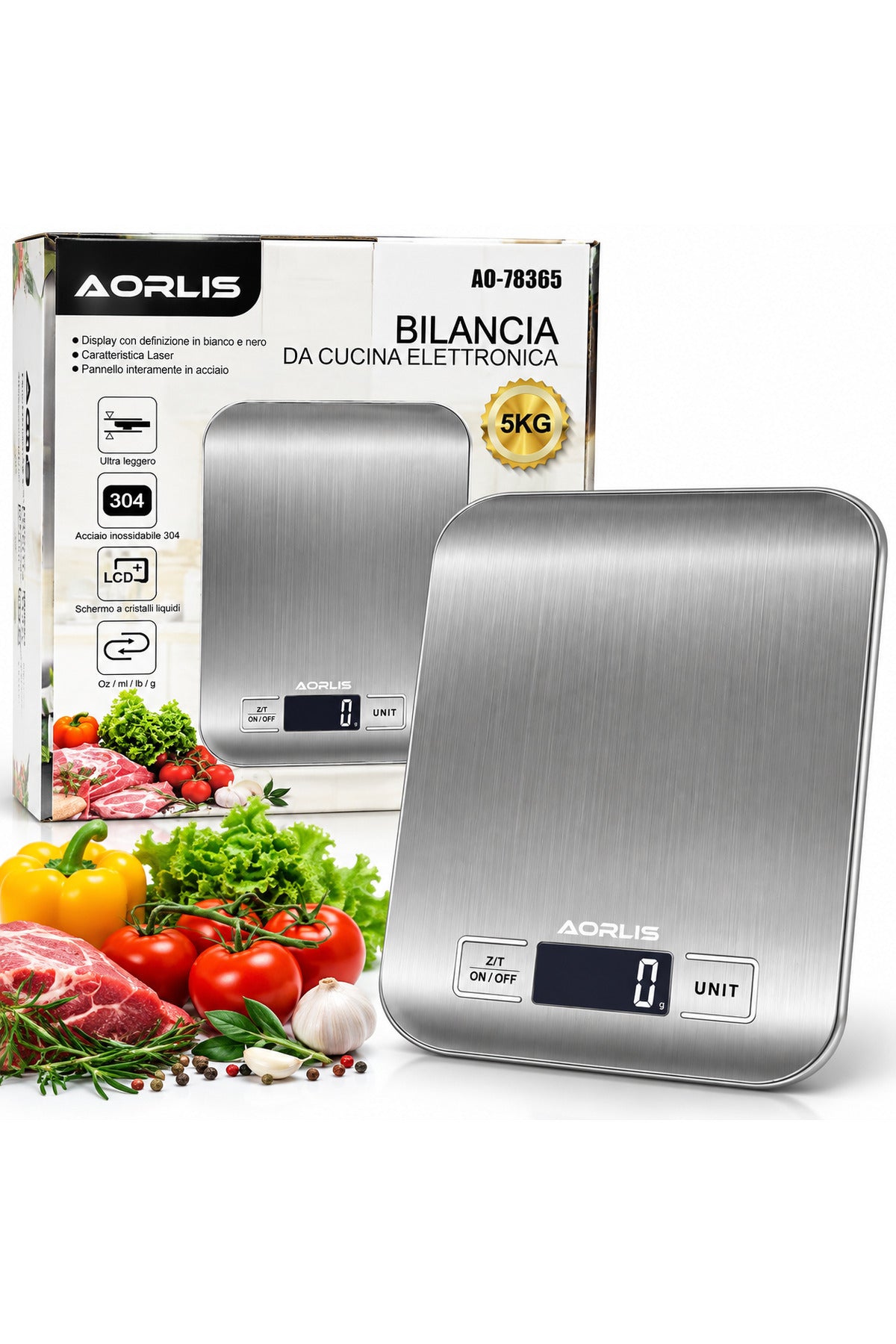 Cântar de bucătărie digital AO-78365, 5 kg, inox, ecran LCD