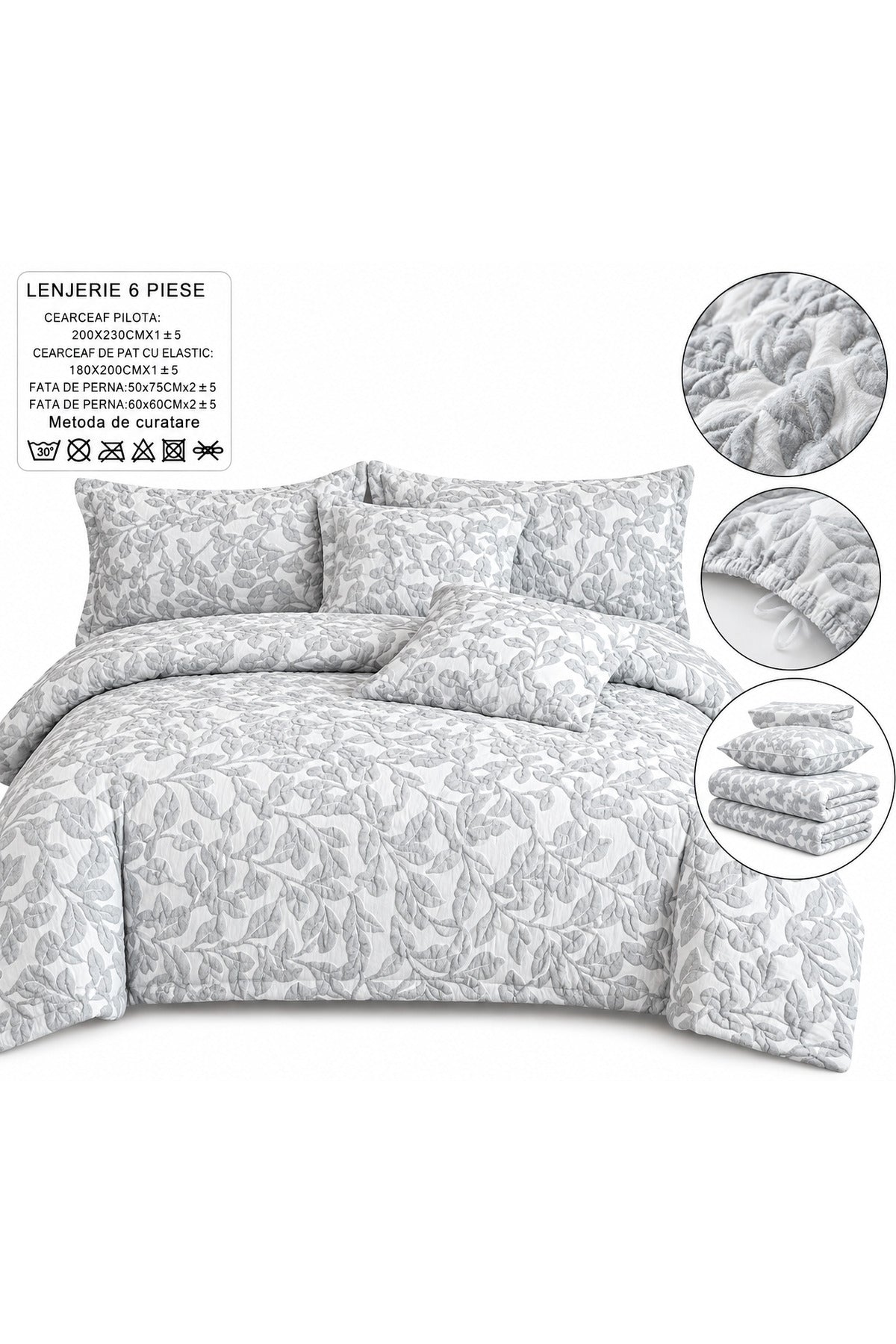 Lenjerie de Pat Dublu 6 Piese, Alb cu Gri, Model Floral cu Frunze, Cearșaf cu Elastic 180x200 cm, Cearșaf Pilotă 200x230 cm