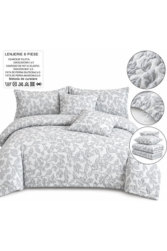 Lenjerie de Pat Dublu 6 Piese, Alb cu Gri, Model Floral cu Frunze, Cearșaf cu Elastic 180x200 cm, Cearșaf Pilotă 200x230 cm