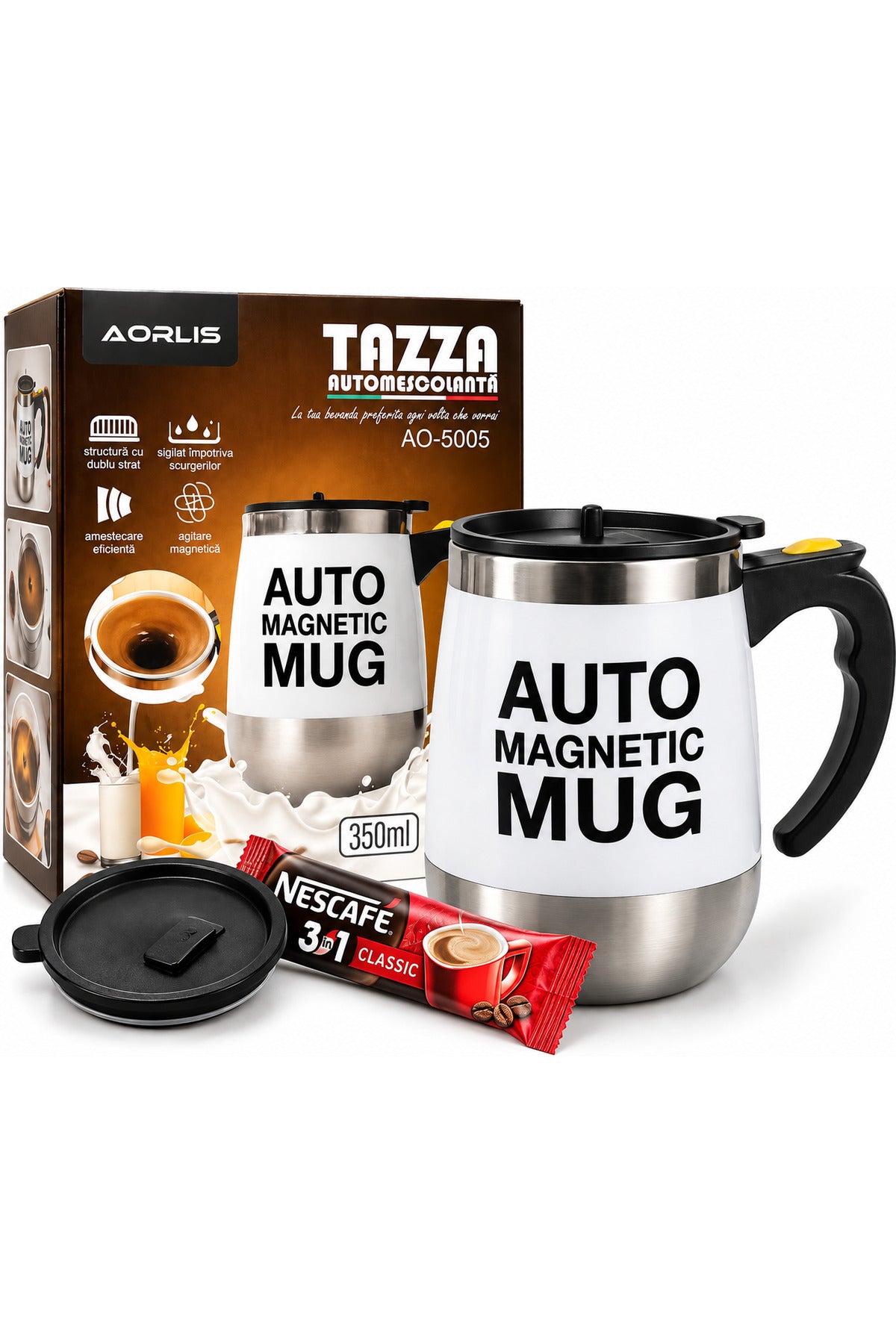 Cană cu Amestecare Automată AO-5005, 350 ml, Cană Magnetică pentru Cafea, Ceai și Cappuccino, Alb