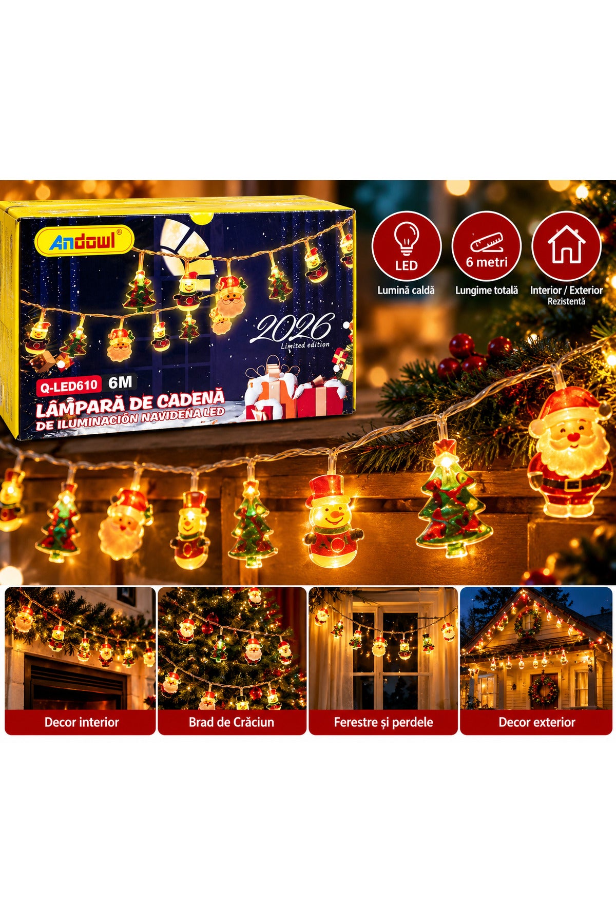 Ghirlandă luminoasă LED de Crăciun Q-LED610, 6 metri, cu Moș Crăciun, brăduți și oameni de zăpadă, decorațiune festivă multicoloră