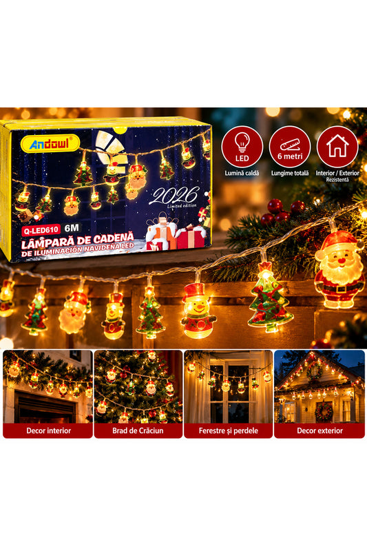 Ghirlandă luminoasă LED de Crăciun Q-LED610, 6 metri, cu Moș Crăciun, brăduți și oameni de zăpadă, decorațiune festivă multicoloră