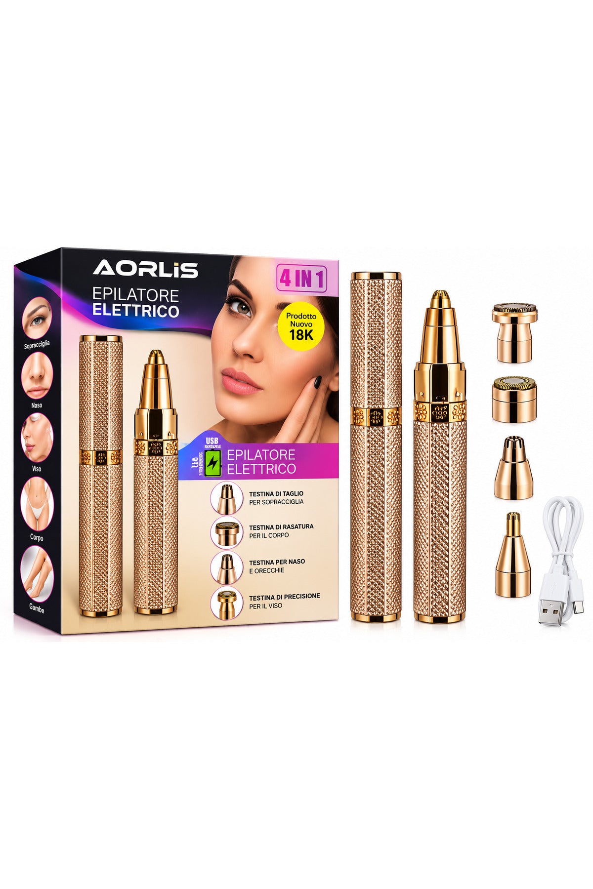 Epilator electric AO-78151, 4 în 1, reîncărcabil USB, pentru față și corp, Rose Gold