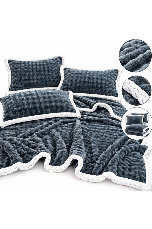 Set Pătură Pufoasă Dublă cu 2 Fețe de Pernă, Gri Antracit cu Margini Albe, 200x230 cm, 3 Piese