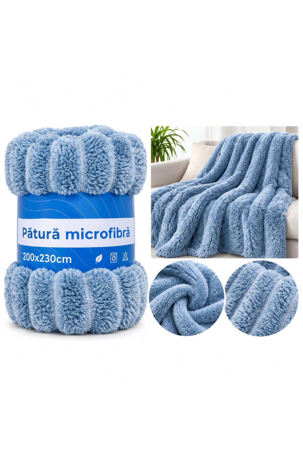 Pătură pufoasă din microfibră 200 x 230 cm – Albastru