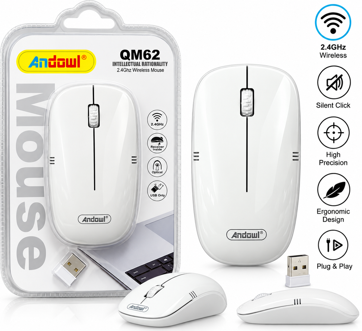Mouse wireless Andowl QM62, alb