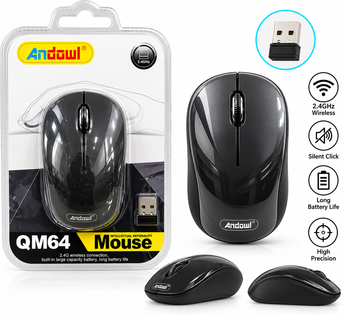 Mouse wireless Andowl QM64, negru