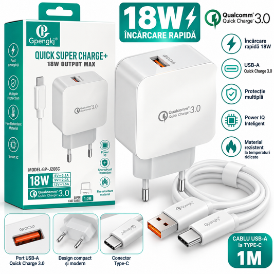 Încărcător priză Gpengkj GP-J206C, 18 W, cu cablu USB-C